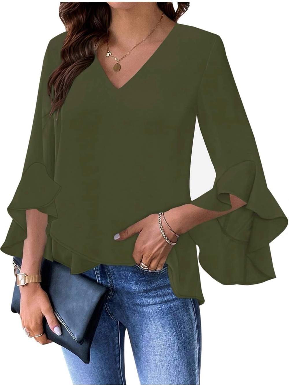 V-Neck Ruffle Sleeve Blouse - Olive